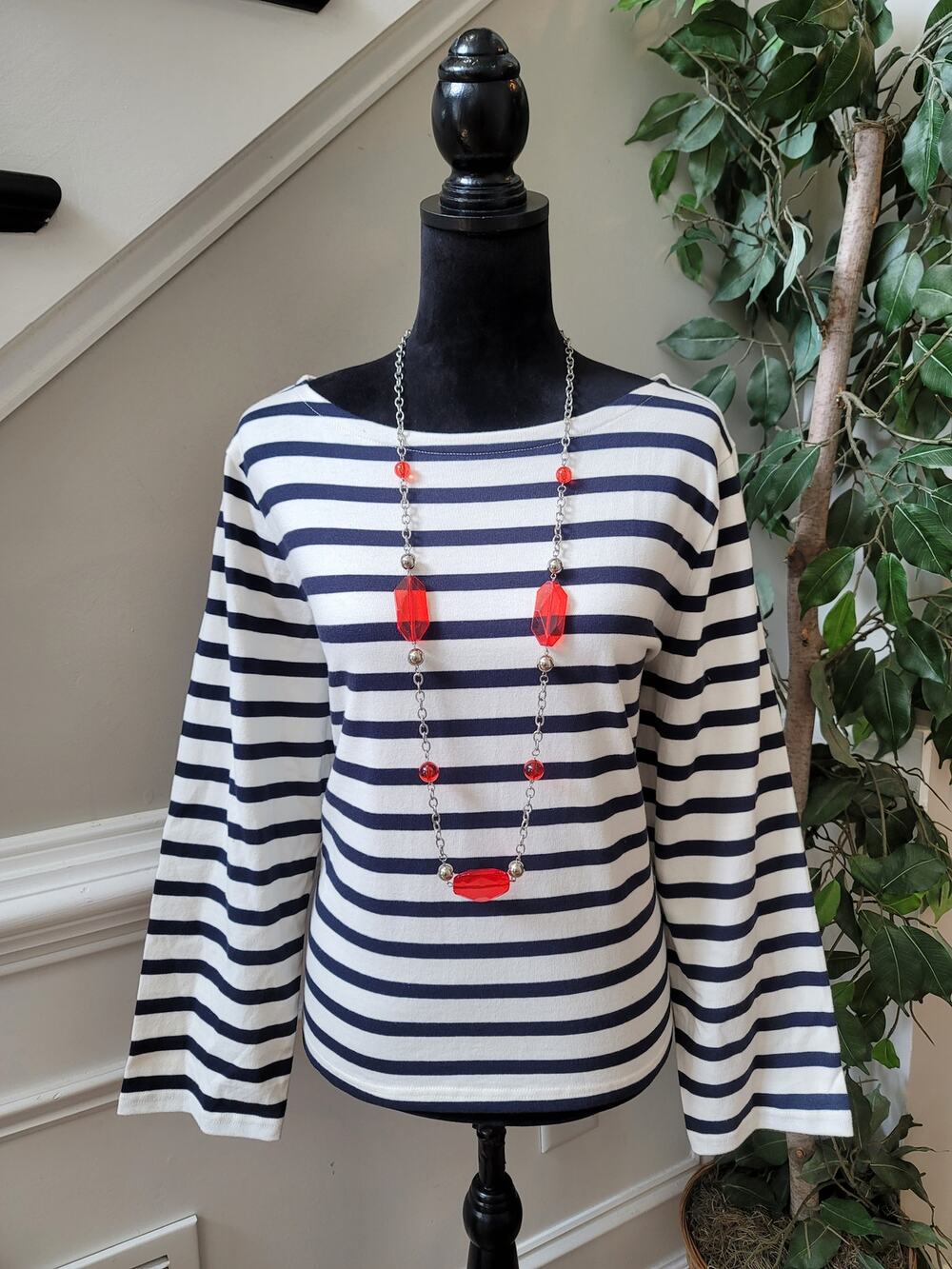 J Crew Long Sleeve Shirt Women's XXL Navy Classic Boatneck Mariner 100% Cotton